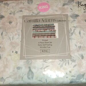 Sheet Set King 4 Piece Pink & White  Printed Roses Camilla Adams Collection New